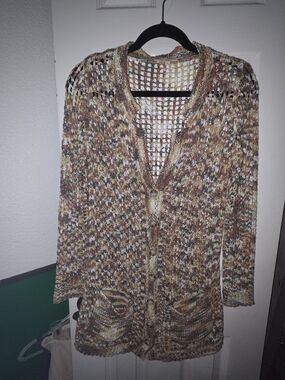 Mystree Multicolor Open-Knit Button Cardigan in Brown, Olive Green Cream. Size S